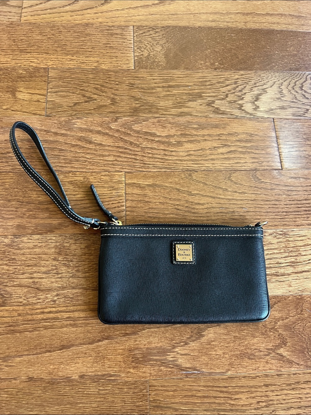 Dooney & Bourke Black Leather Wristlet with Gold Logo Plate